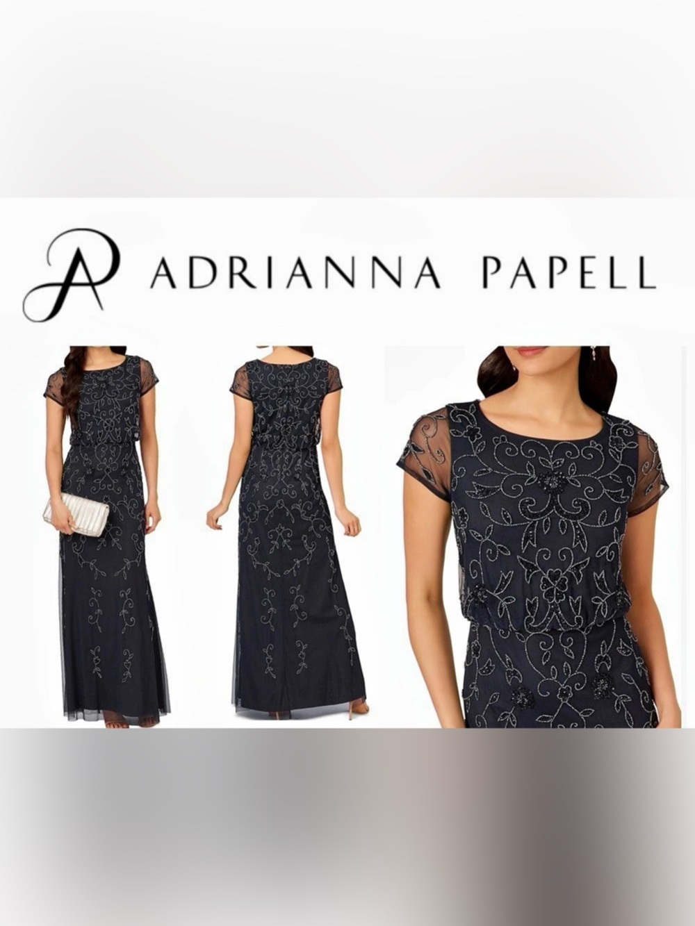 37. Adrianna Papell Short Sleeve Beaded Blouson Illusion Gown Floral Blue 10P